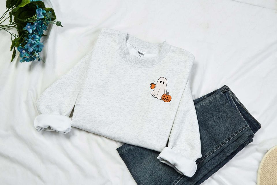 Embroidered Ghost Sweatshirt, Autumn Sweatshirt, Halloween Sweatshirt