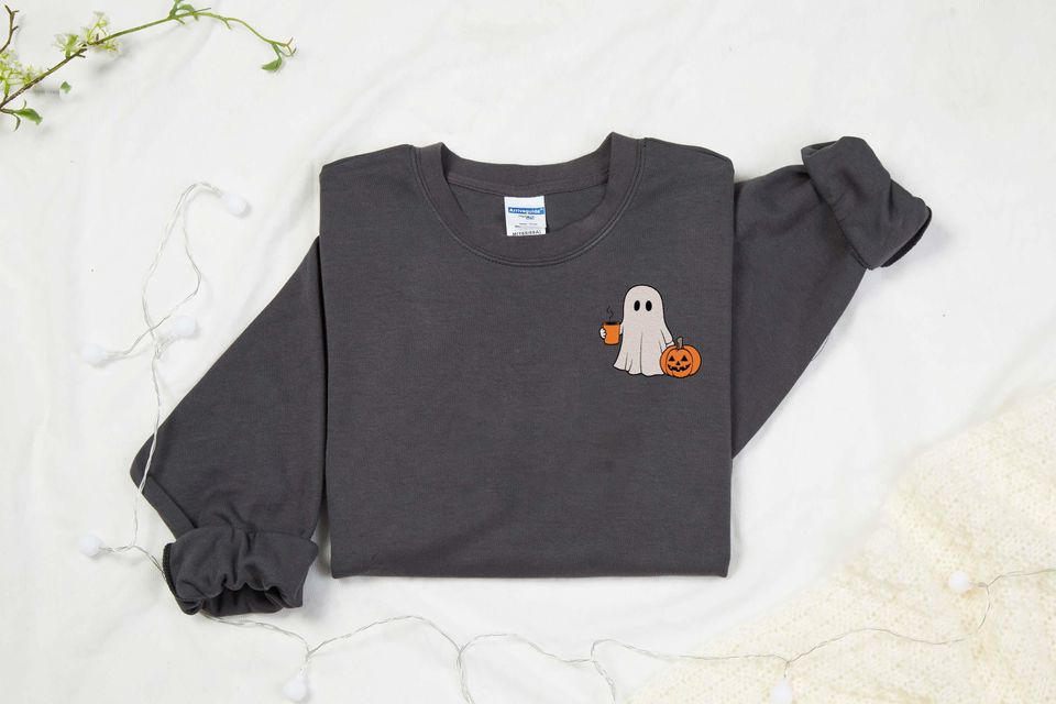 Embroidered Ghost Sweatshirt, Autumn Sweatshirt, Halloween Sweatshirt