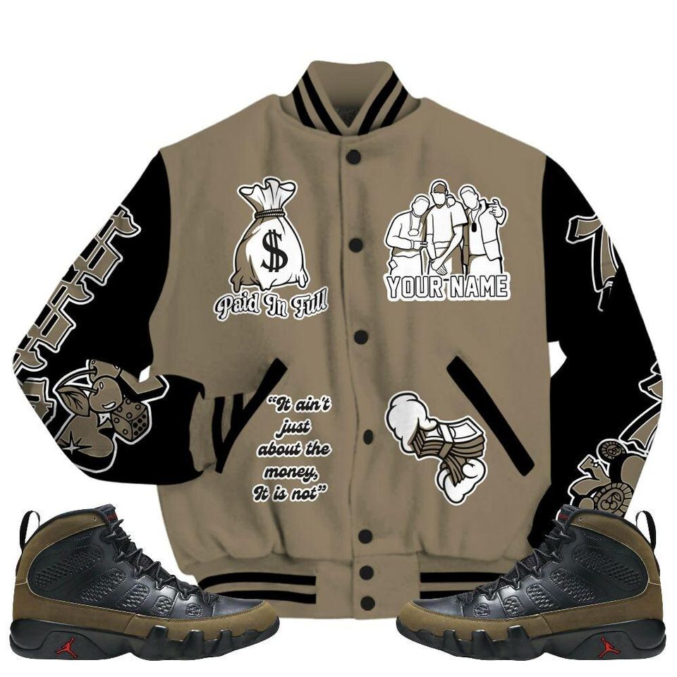 Olive 9s Varsity Jacket - Paid In Full Baseball Varsity Jacket