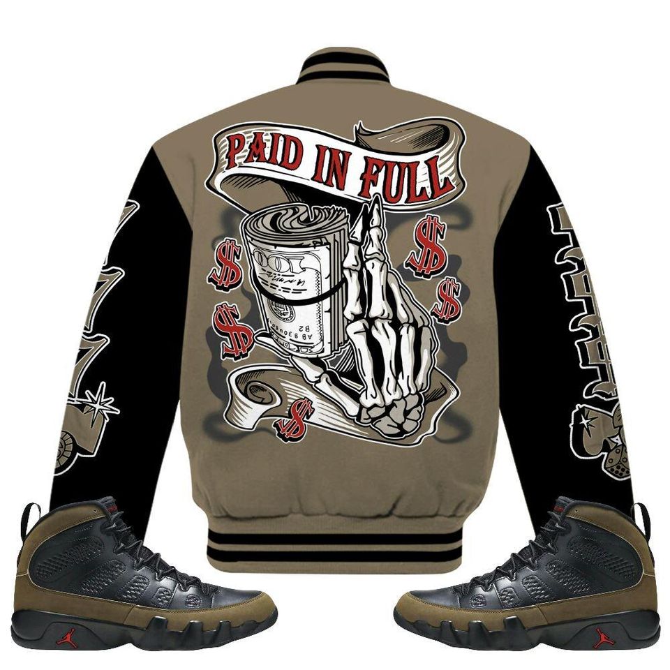 Olive 9s Varsity Jacket - Paid In Full Baseball Varsity Jacket