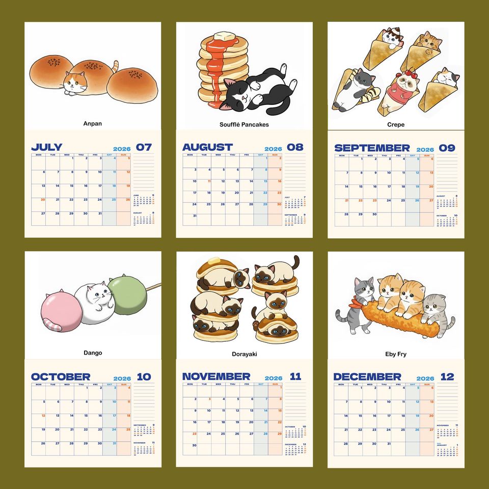 2026 Cat in Japanese Food Wall Calendar, Kawaii Neko Sushi Ramen Monthly Planner, Cute Cat Lover Gift