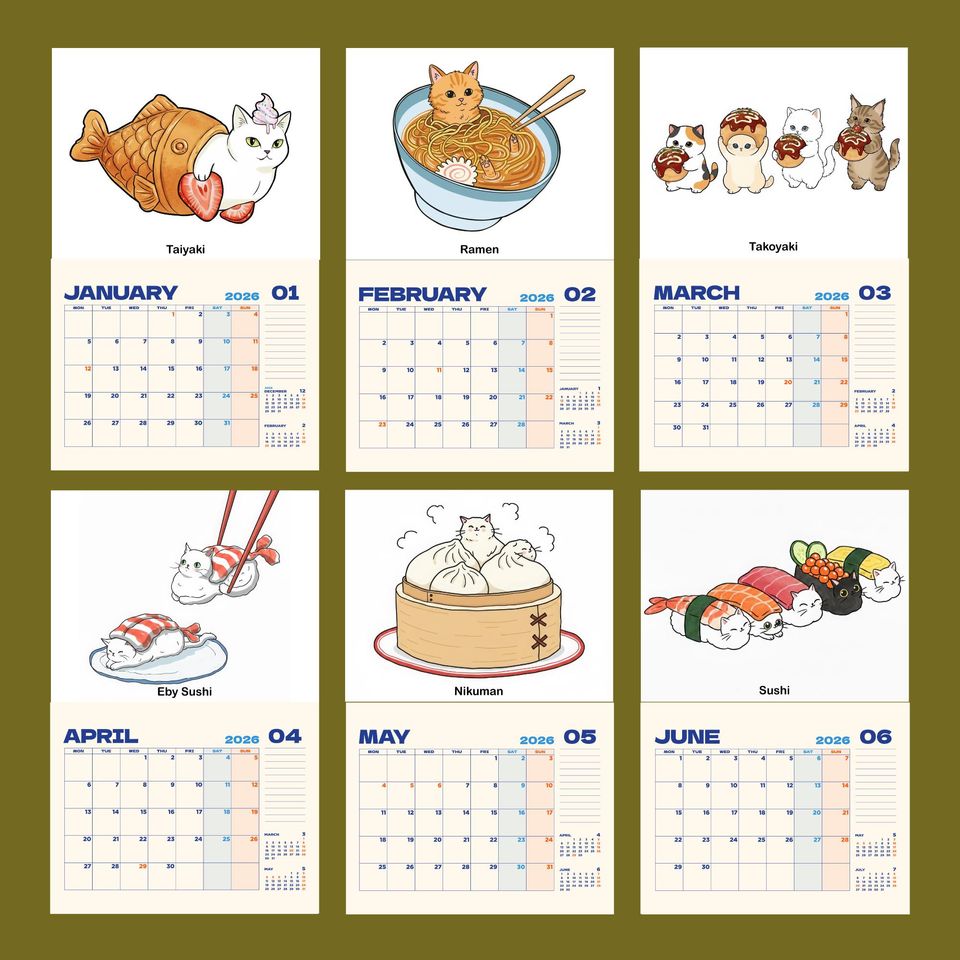 2026 Cat in Japanese Food Wall Calendar, Kawaii Neko Sushi Ramen Monthly Planner, Cute Cat Lover Gift