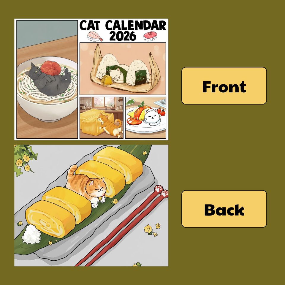 2026 Cat in Japanese Food Wall Calendar, Kawaii Neko Sushi Ramen Monthly Planner, Cute Cat Lover Gift