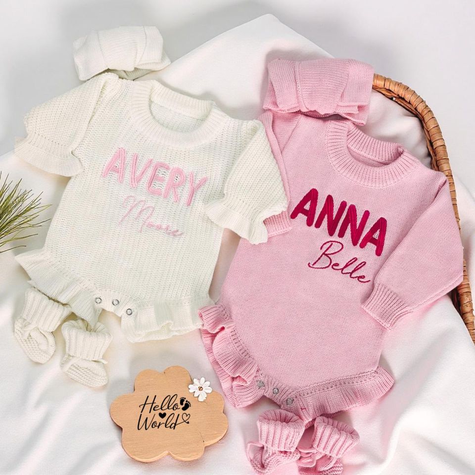 Baby Name Ruffle Romper Set, Embroidered Baby Romper, Custom Newborn Romper,Baby Shower Gift
