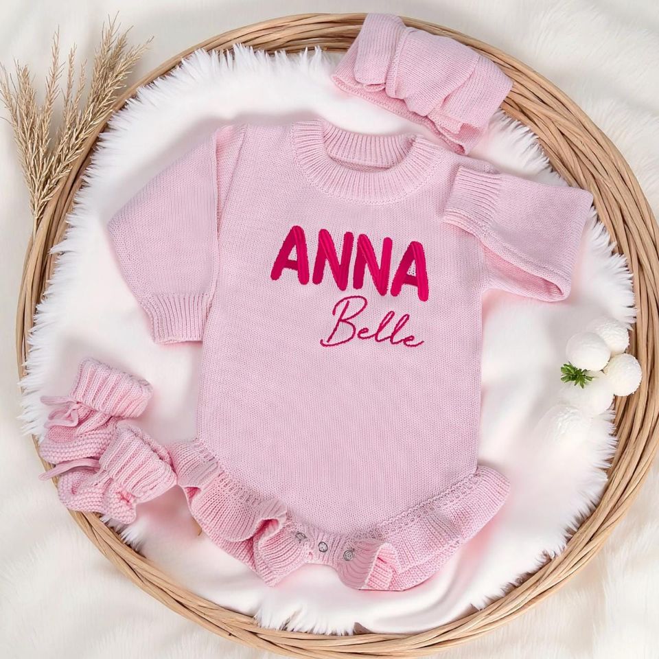 Baby Name Ruffle Romper Set, Embroidered Baby Romper, Custom Newborn Romper,Baby Shower Gift