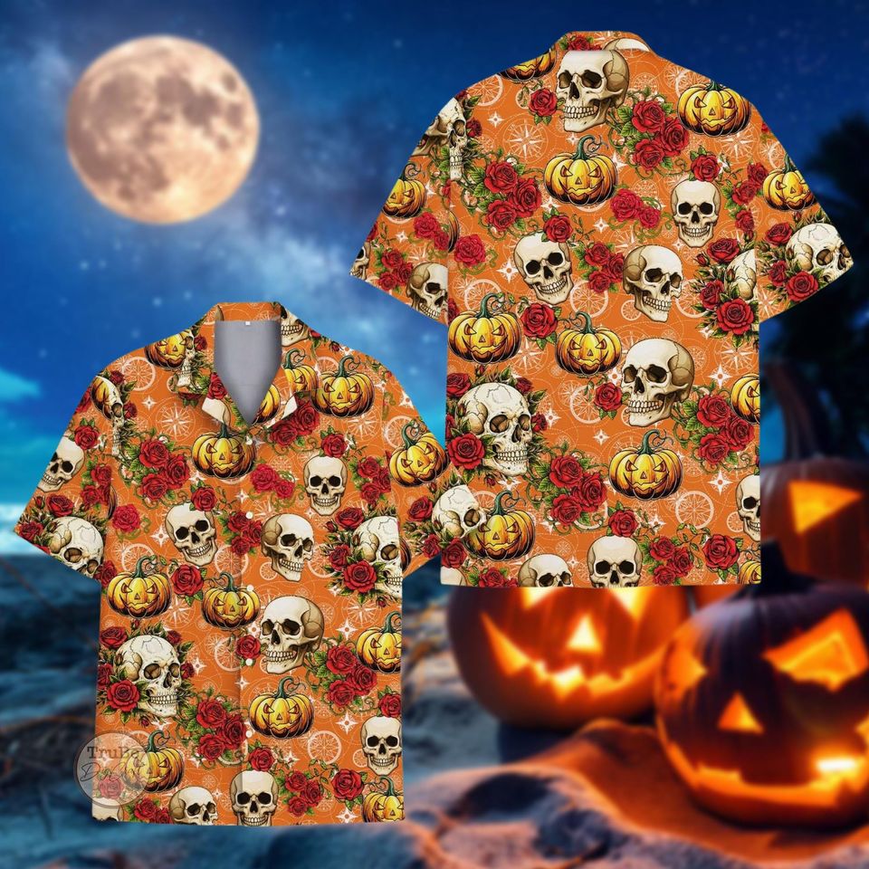 Pumpkin Rose Skull Halloween Aloha Shirt - Funny Button Down