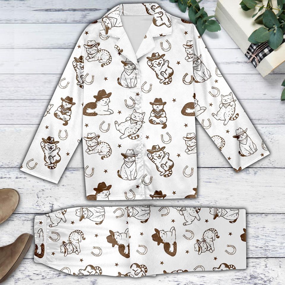 Western Cat Pajamas Set, Cute Cat Cowboy Loungewear
