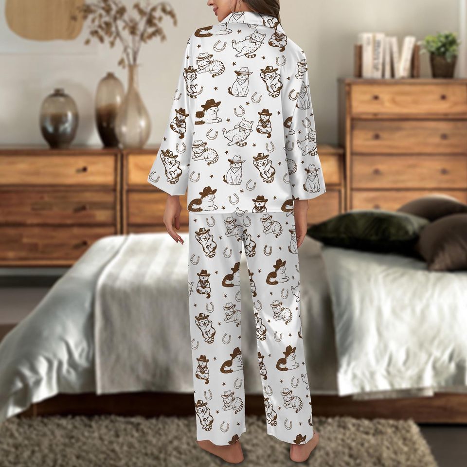 Western Cat Pajamas Set, Cute Cat Cowboy Loungewear