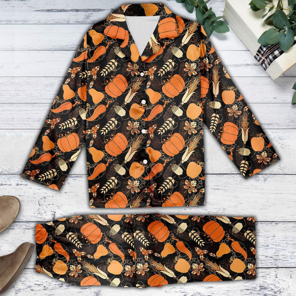 Retro Thanksgiving Pajamas Set, Fall Pumpkin Corn Loungewear