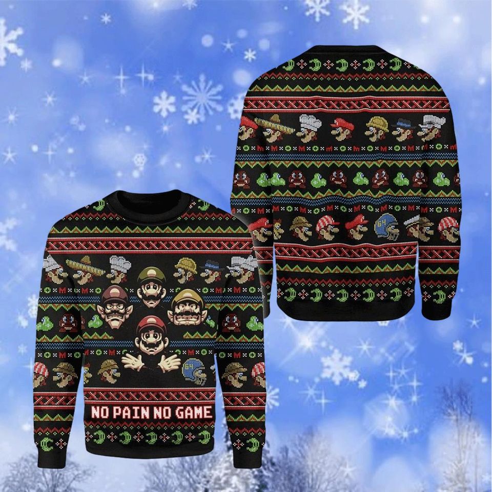 Super Mario Ugly Xmas Sweater, Mario Woolen Sweatshirt, Bowser Mario Yoshi Peach Toad
