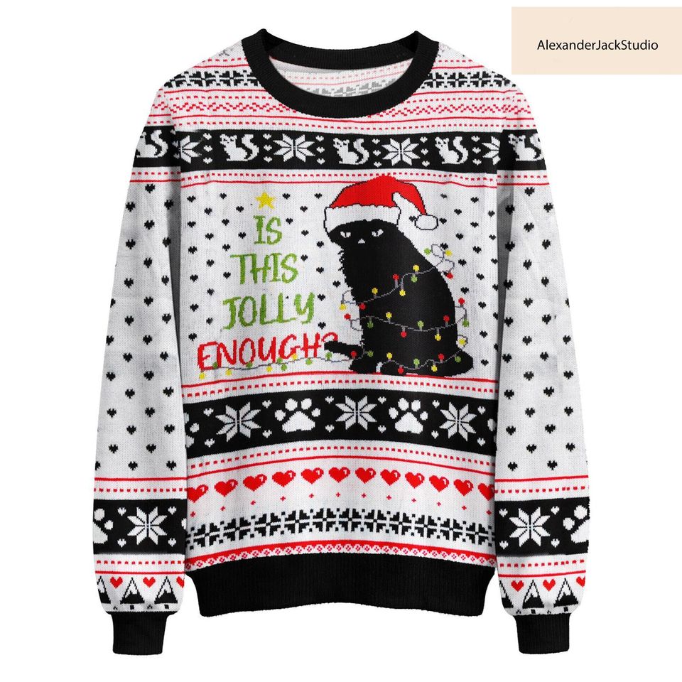 Black Cat 3D Ugly Christmas Sweater, Funny Holiday Cat Sweatshirt for Cat Lovers