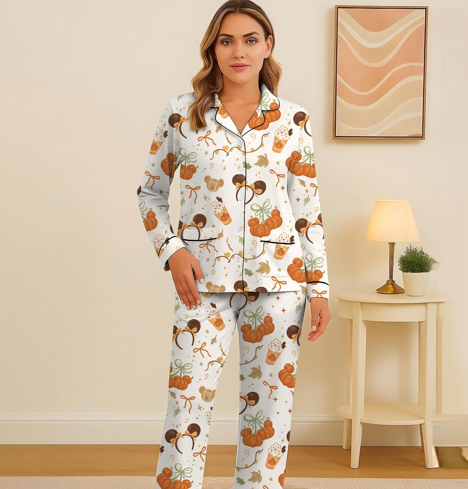 Autumn Pumpkin Cherry Pajamas Set, Cute Fall Bow Sleepwear