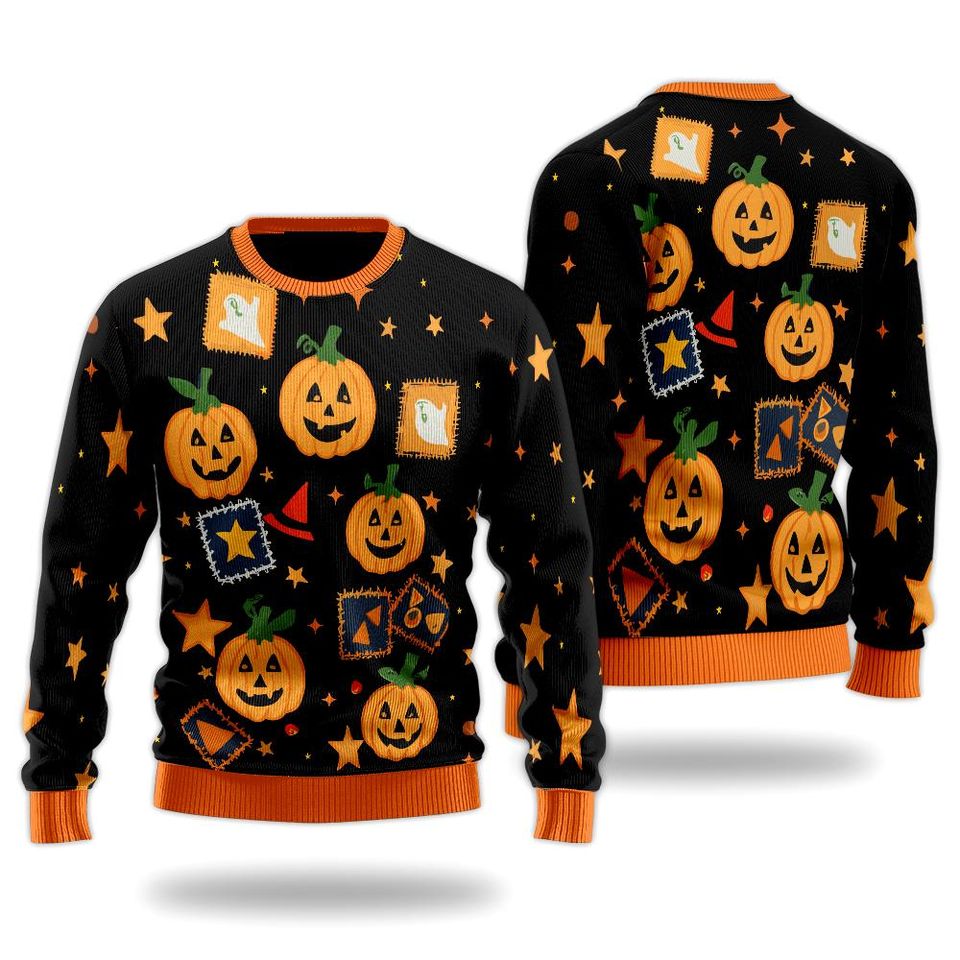 Halloween Pumpkin Ugly Sweater, Cute Halloween Shirt, Vintage Patchwork Clothing, Fall Season Merch