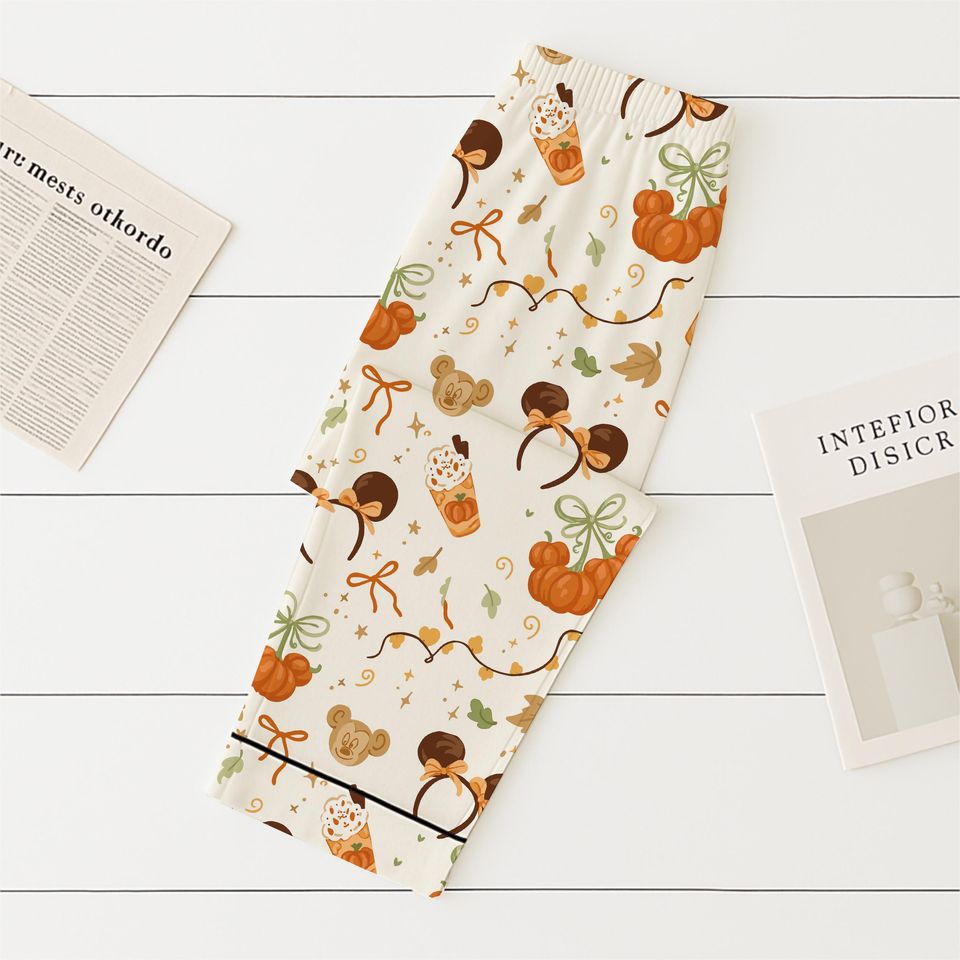 Autumn Pumpkin Cherry Pajamas Set, Cute Fall Bow Sleepwear