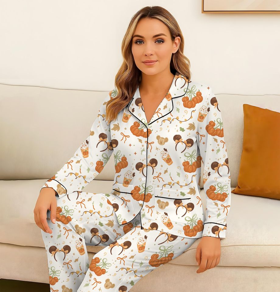 Autumn Pumpkin Cherry Pajamas Set, Cute Fall Bow Sleepwear