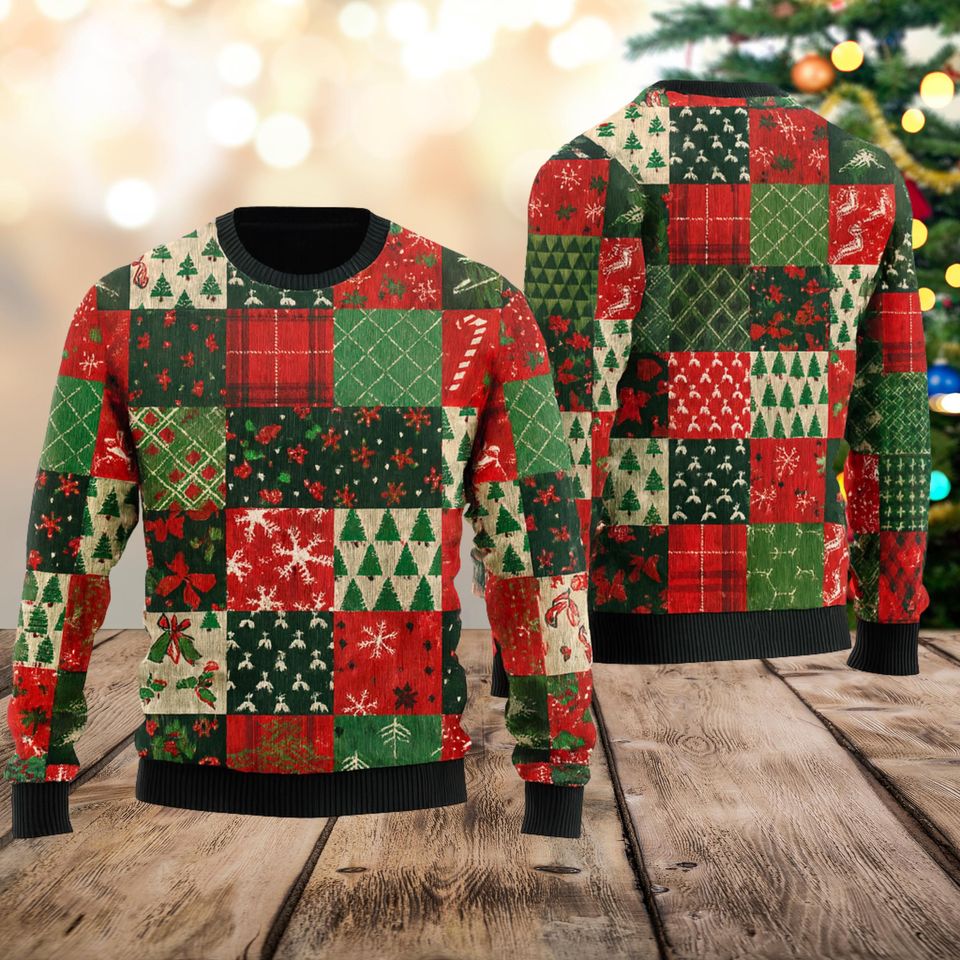 Vintage Patchwork Christmas Sweater, Christmas Tree Ugly Xmas Jumper, Cozy Holiday Pullover