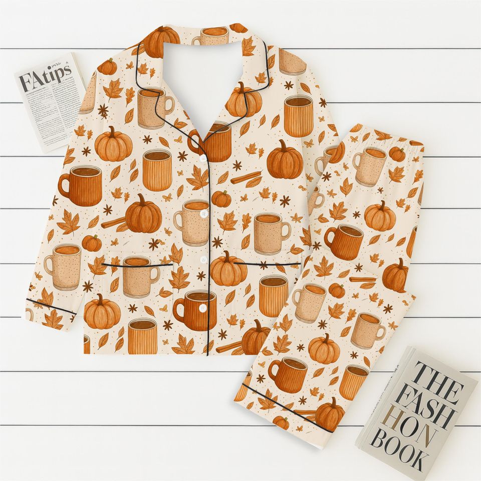 Pumpkin Spice Fall Pajamas Set, Autumn Coffee Mug Leaf Sleepwear
