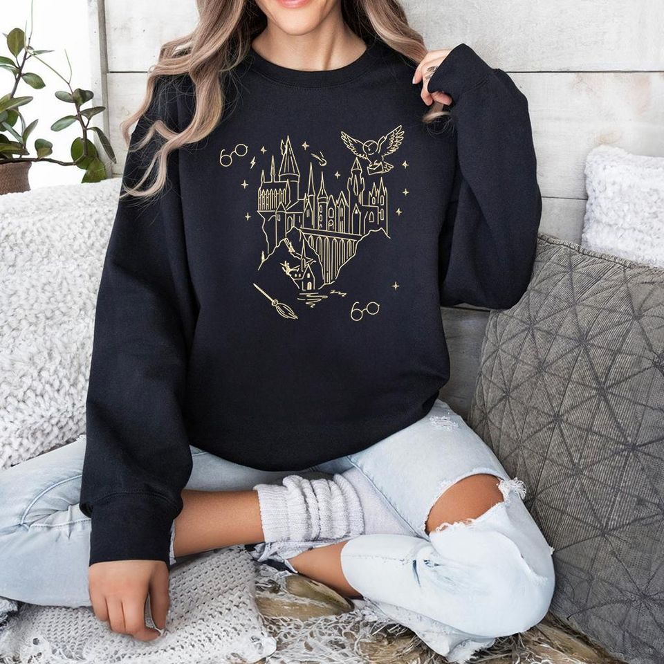 Embroidered Wizard Castle Heart Sweatshirt, HP Magic School Shirt, Fantasy Castle Tee, Cozy Witch Hogwarts, Book Lover Magical Gift ESH5809