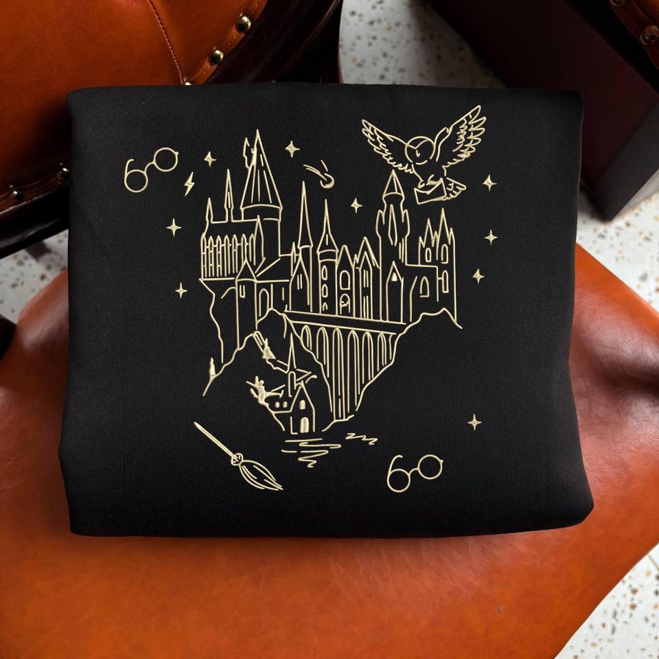 Embroidered Wizard Castle Heart Sweatshirt, HP Magic School Shirt, Fantasy Castle Tee, Cozy Witch Hogwarts, Book Lover Magical Gift ESH5809