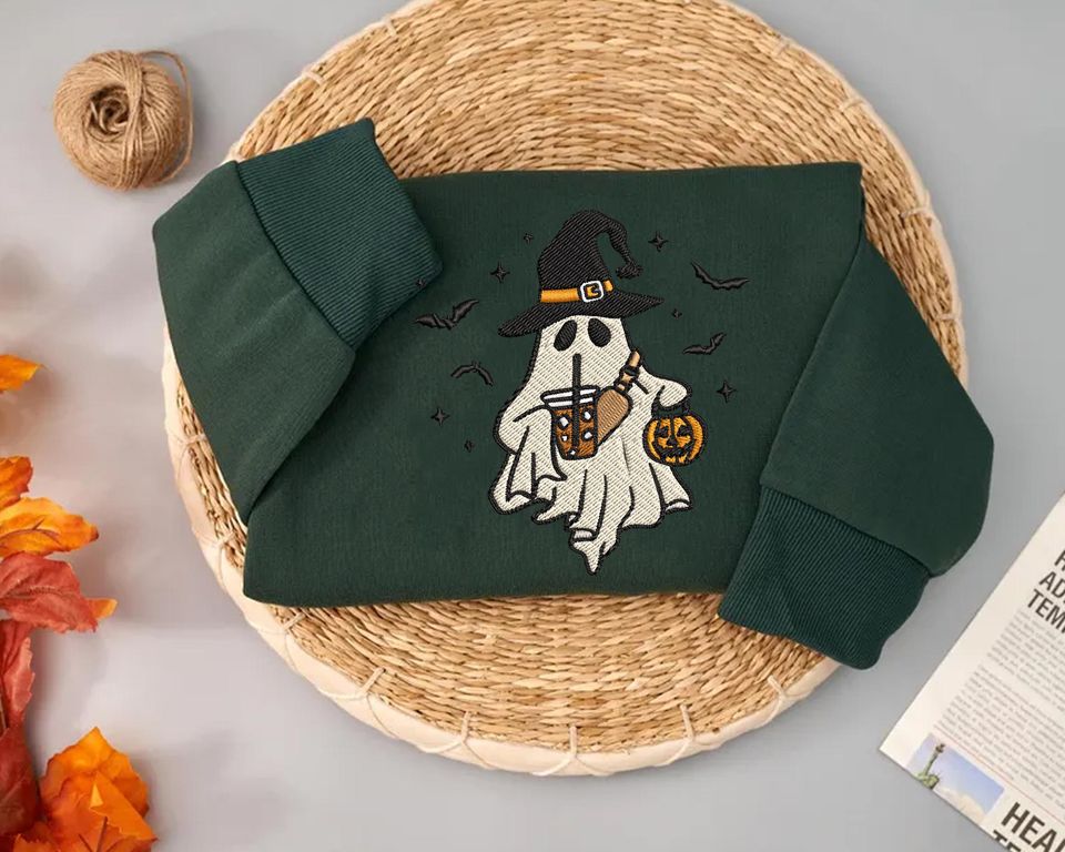 Ghost Drinking Coffee Sweatshirt, Embroidered Halloween Crewneck