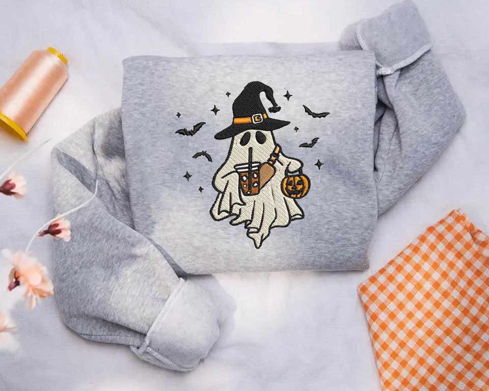 Ghost Drinking Coffee Sweatshirt, Embroidered Halloween Crewneck