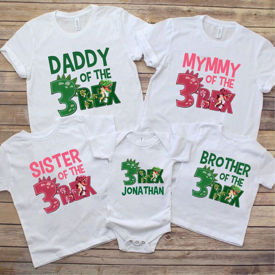 Personalized Three Rex Dinosaur Family Birthday Shirts