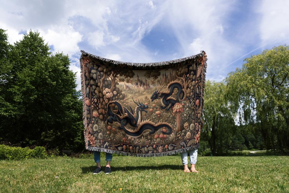 Dragon Woven Blanket Tapestry: Medieval Fantasy Gothic Decor