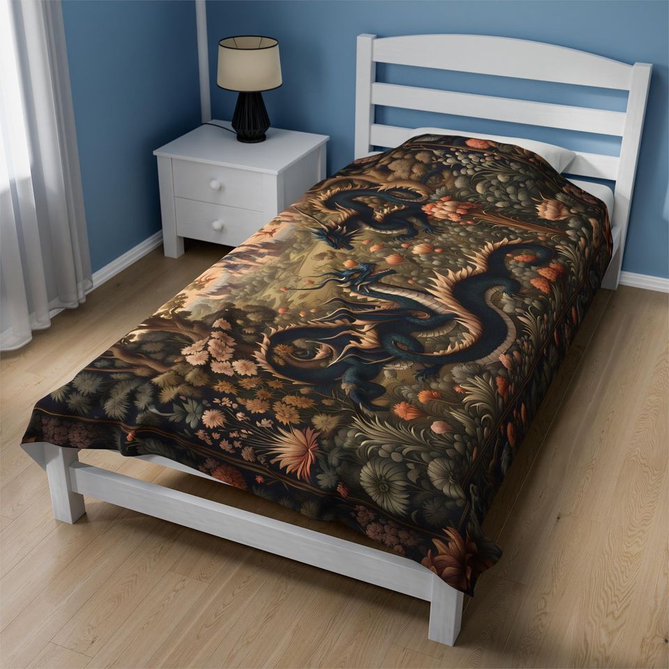 Dragon Woven Blanket Tapestry: Medieval Fantasy Gothic Decor