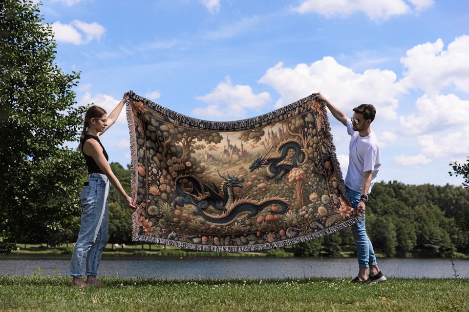 Dragon Woven Blanket Tapestry: Medieval Fantasy Gothic Decor