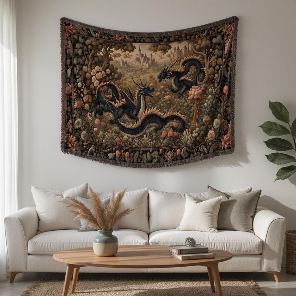 Dragon Woven Blanket Tapestry: Medieval Fantasy Gothic Decor