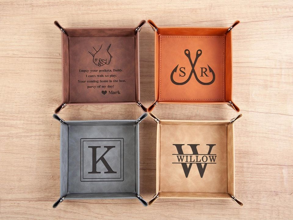 Initial Engraved Valet Tray Gift for Dad, Personalized Leather Catchall for Men