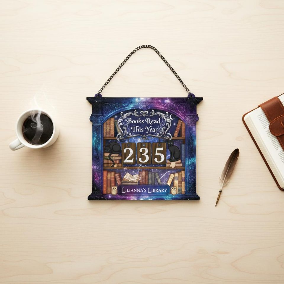Books Read This Year Tracker, Personalized Reading Log Sign, Galaxy Library Book Counter, Cat Book Lover Gift, Custom Reader Wall Decor