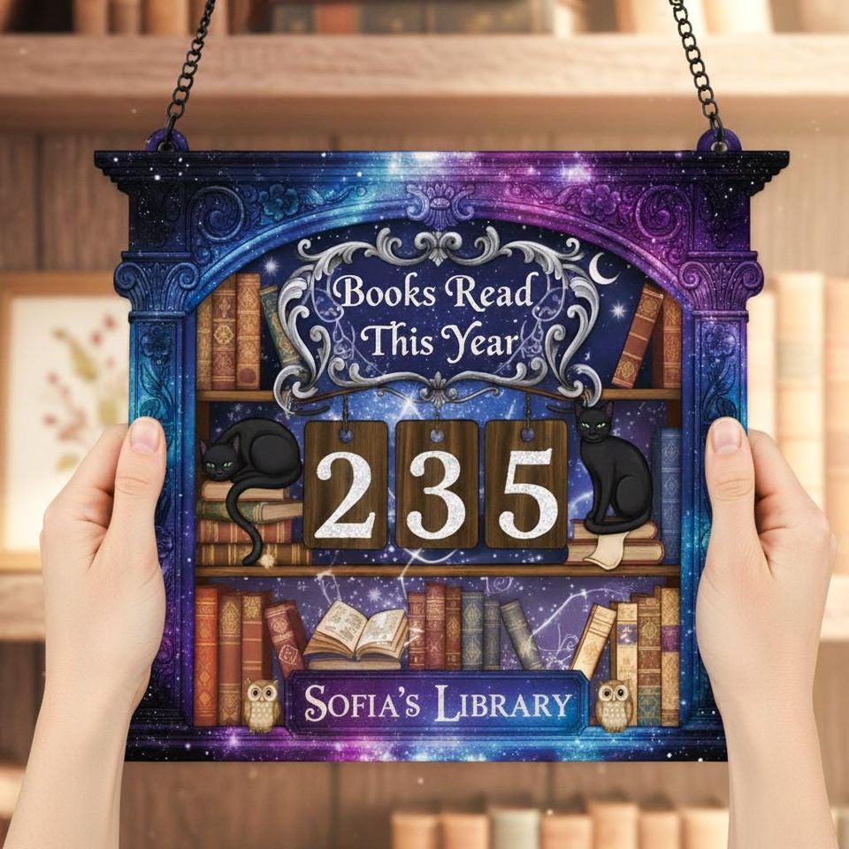 Books Read This Year Tracker, Personalized Reading Log Sign, Galaxy Library Book Counter, Cat Book Lover Gift, Custom Reader Wall Decor