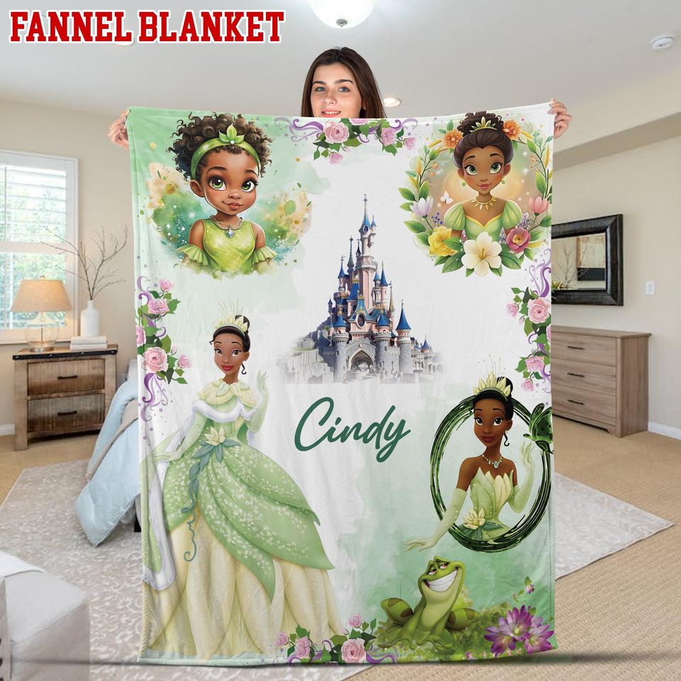 Custom Tiana Princess Blanket, Personalized Flannel Sherpa Throw