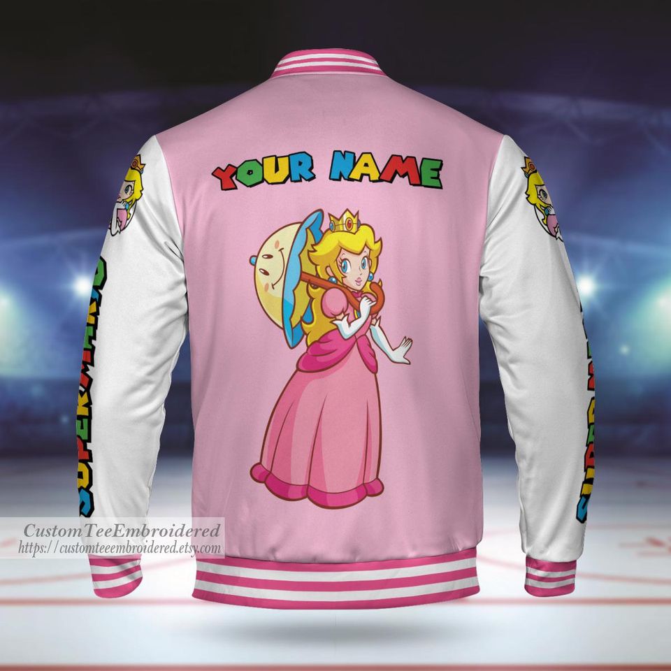 Custom Princess Peach Baseball Jacket, SupMario Gamer Outfit, Personalized Player Gift
