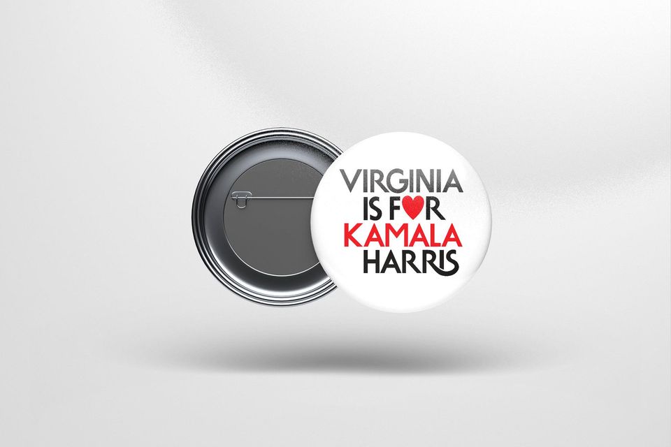 Virginia Is For Kamala Harris Heart Button/Pin White, Vote Harris for President Button