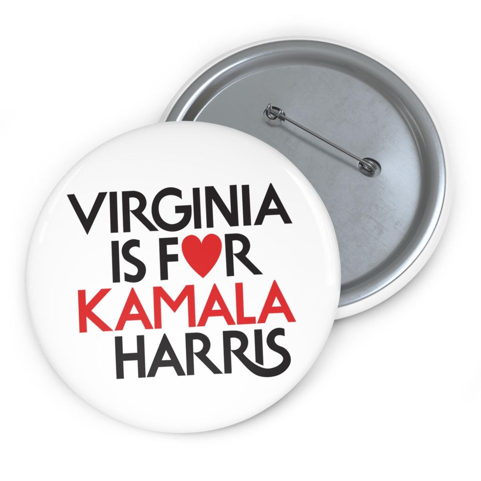 Virginia Is For Kamala Harris Heart Button/Pin White, Vote Harris for President Button
