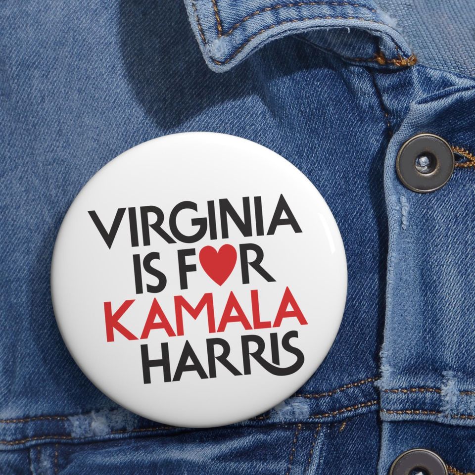 Virginia Is For Kamala Harris Heart Button/Pin White, Vote Harris for President Button