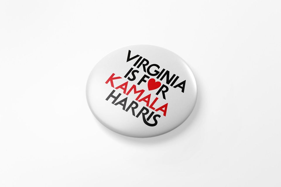 Virginia Is For Kamala Harris Heart Button/Pin White, Vote Harris for President Button