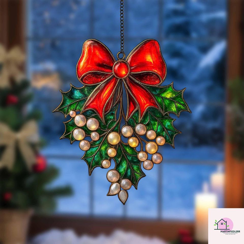 Holly Berry Bow Acrylic Suncatcher Christmas Window Ornament