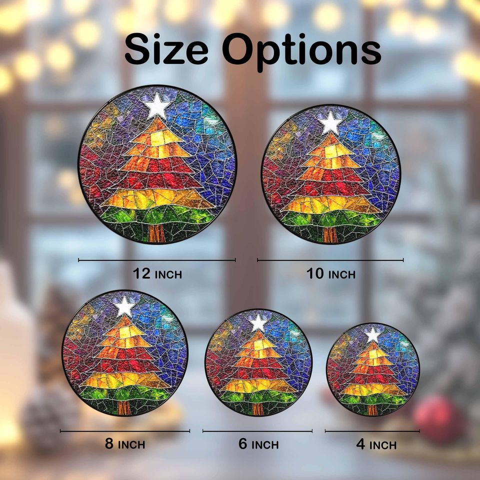 Rainbow Christmas Tree Suncatcher, Stained Glass Window Decor, Holiday Colorful Ornament