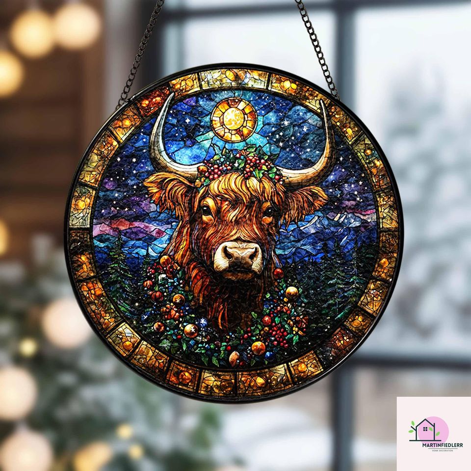Starry Highland Cow Stained Glass Suncatcher - Rustic Christmas Window Ornament