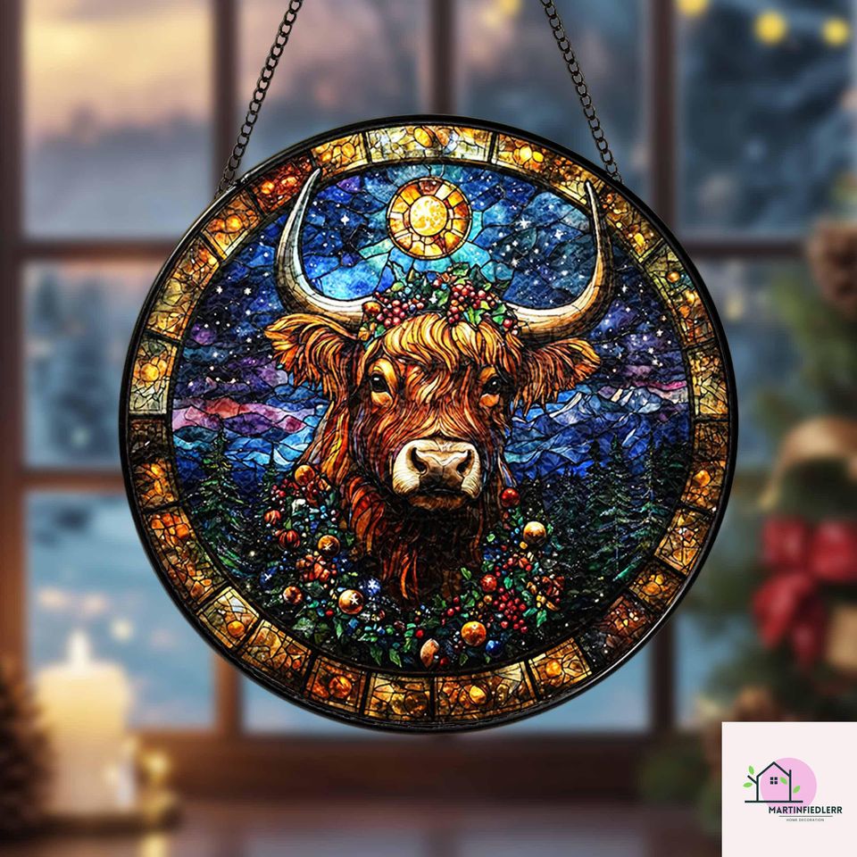 Starry Highland Cow Stained Glass Suncatcher - Rustic Christmas Window Ornament