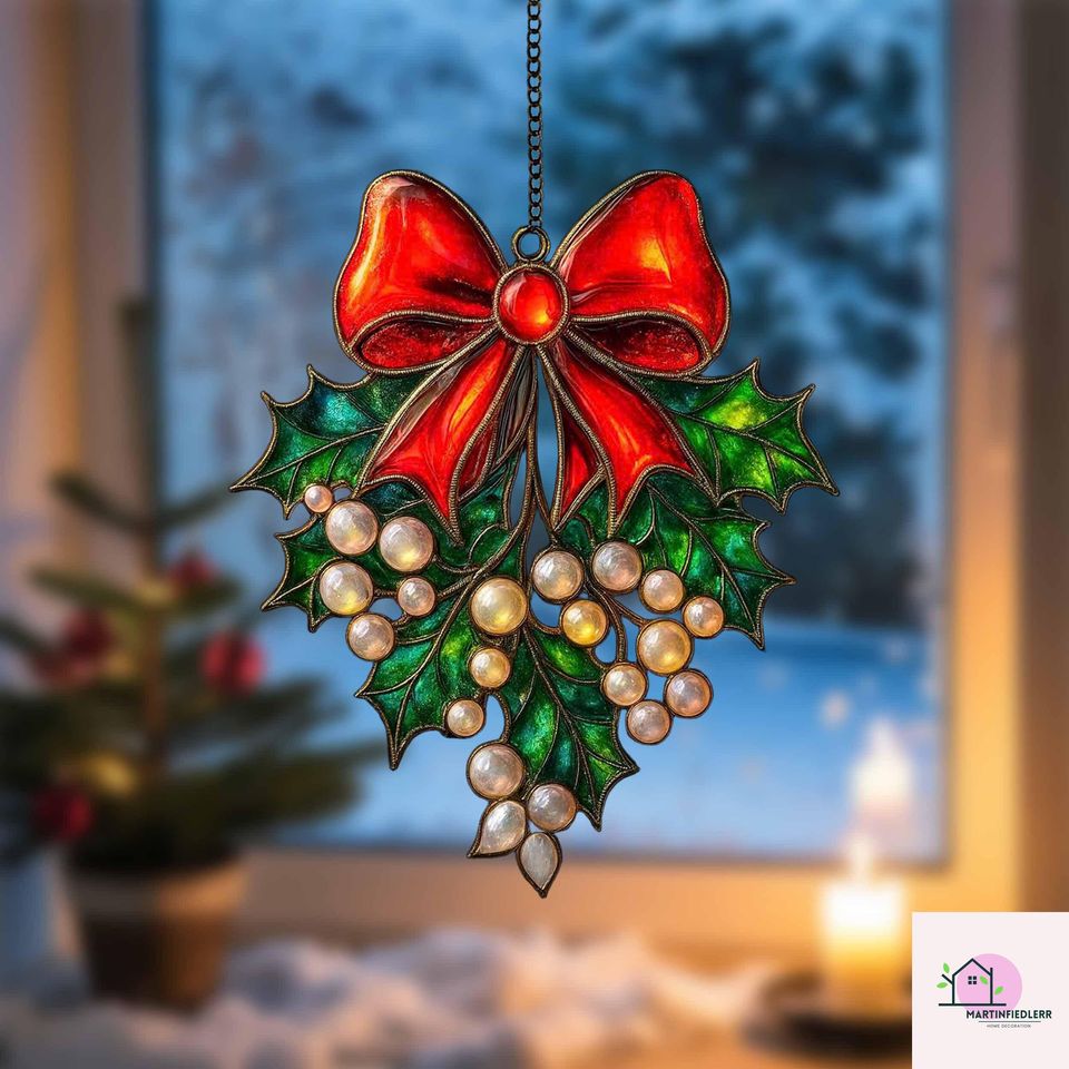 Holly Berry Bow Acrylic Suncatcher Christmas Window Ornament