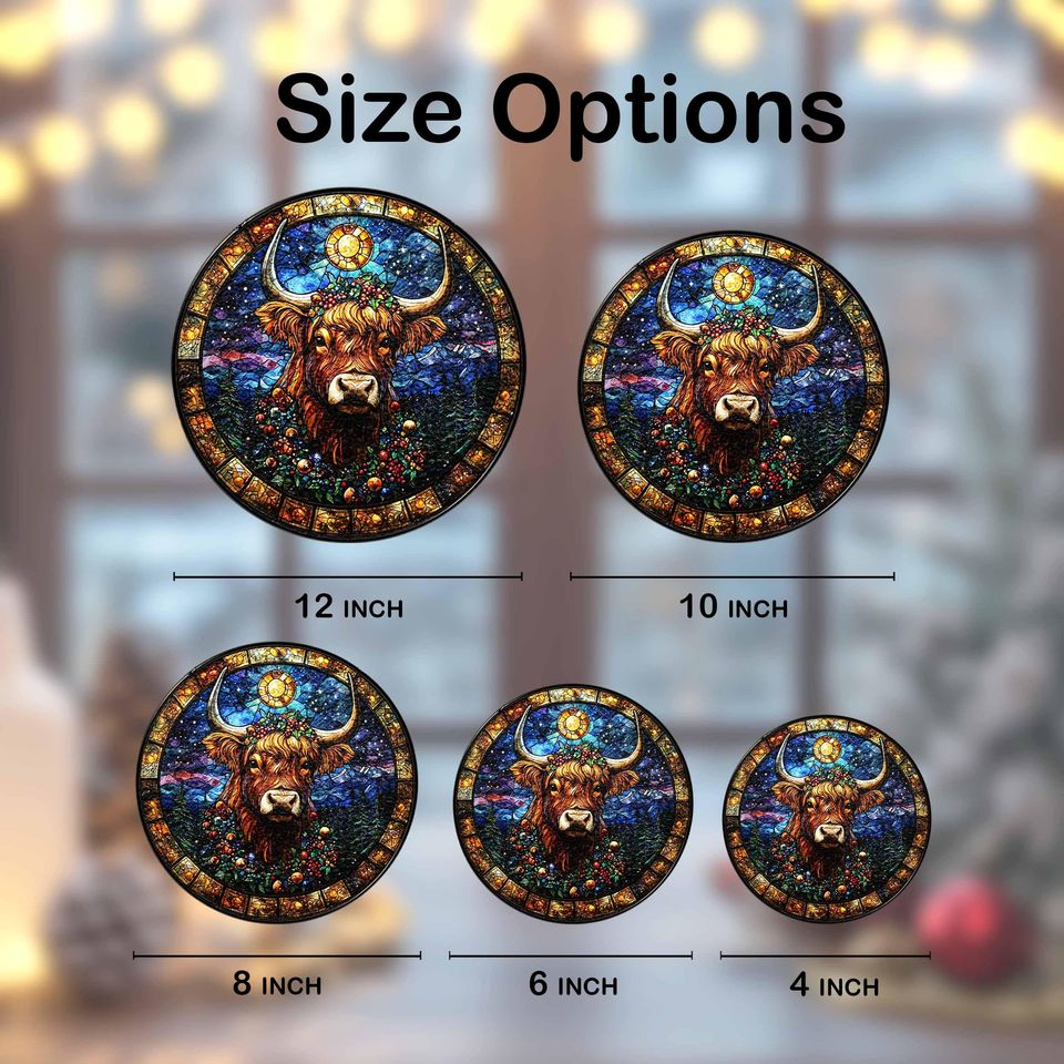 Starry Highland Cow Stained Glass Suncatcher - Rustic Christmas Window Ornament