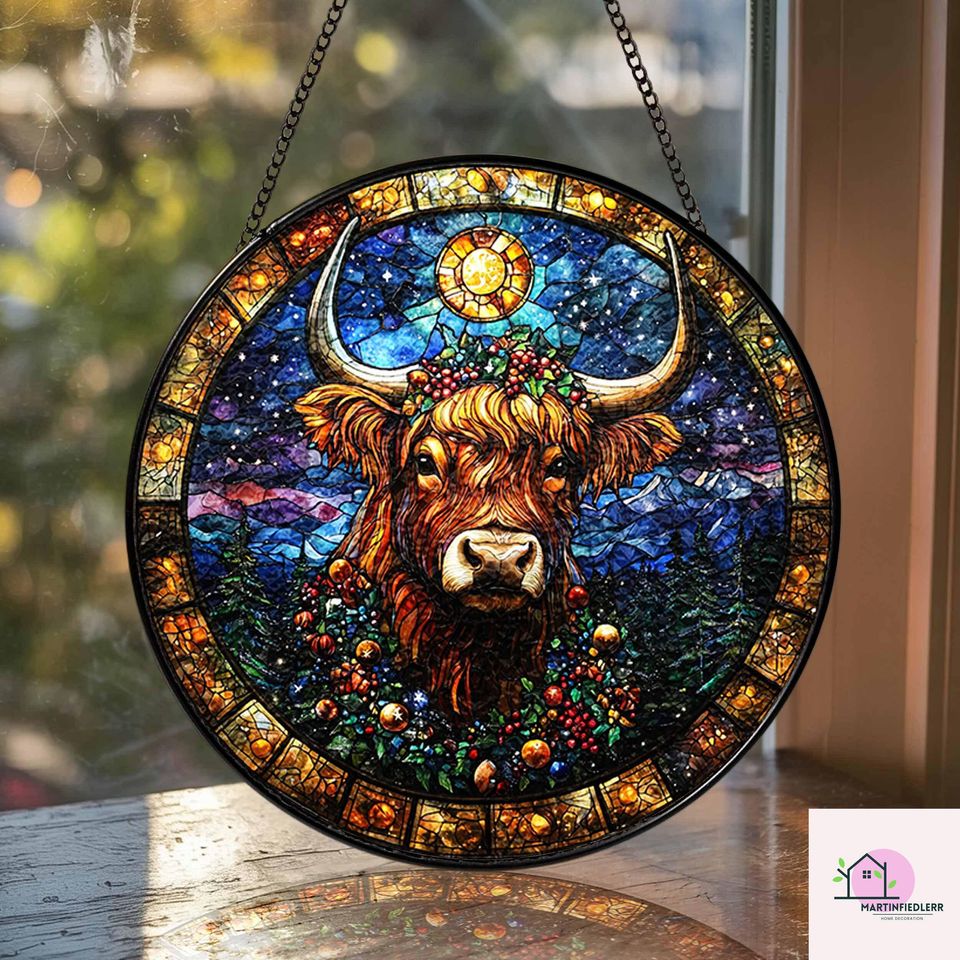 Starry Highland Cow Stained Glass Suncatcher - Rustic Christmas Window Ornament
