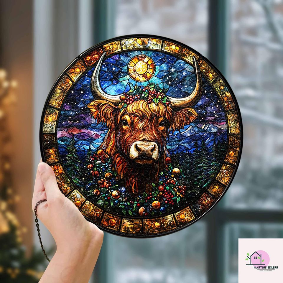 Starry Highland Cow Stained Glass Suncatcher - Rustic Christmas Window Ornament