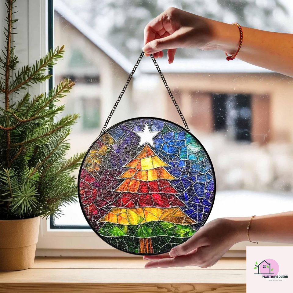 Rainbow Christmas Tree Suncatcher, Stained Glass Window Decor, Holiday Colorful Ornament
