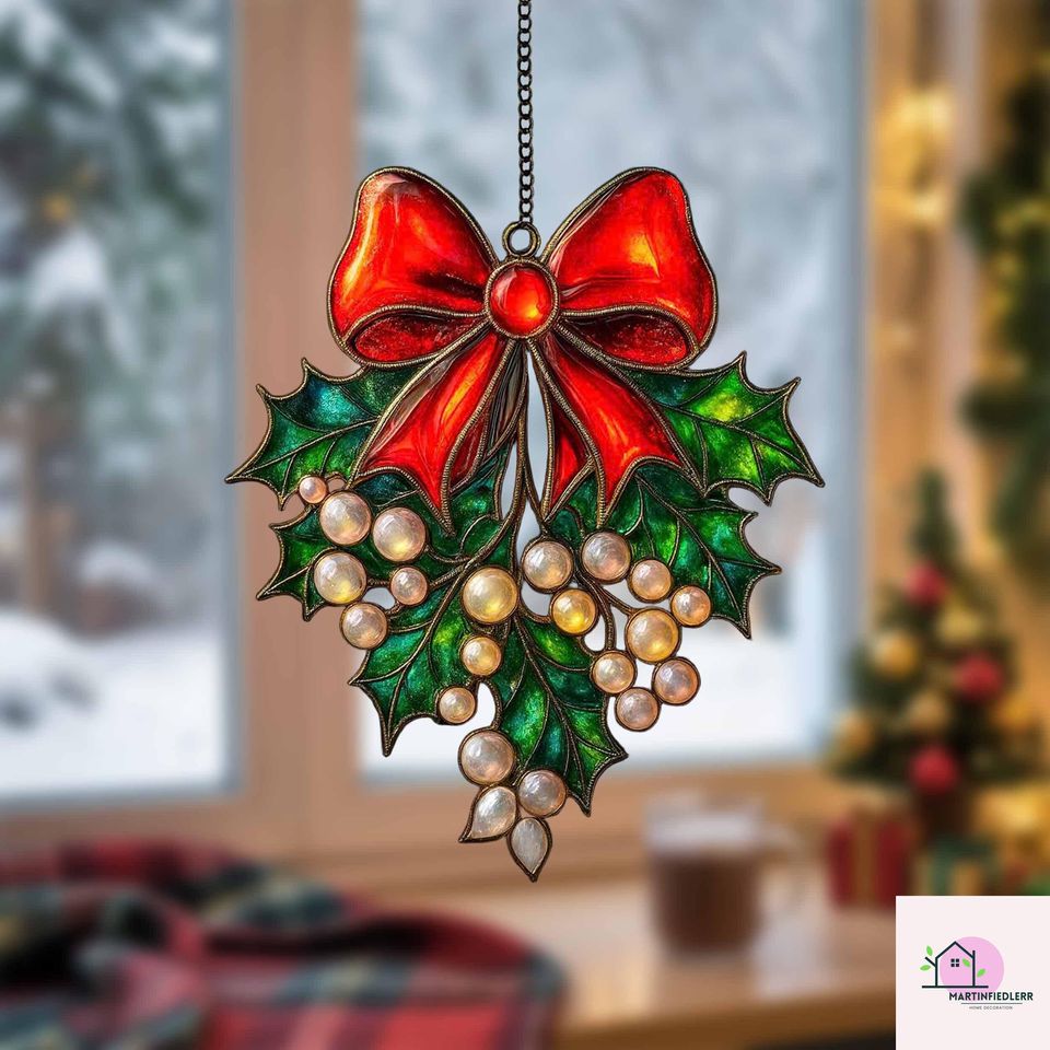 Holly Berry Bow Acrylic Suncatcher Christmas Window Ornament