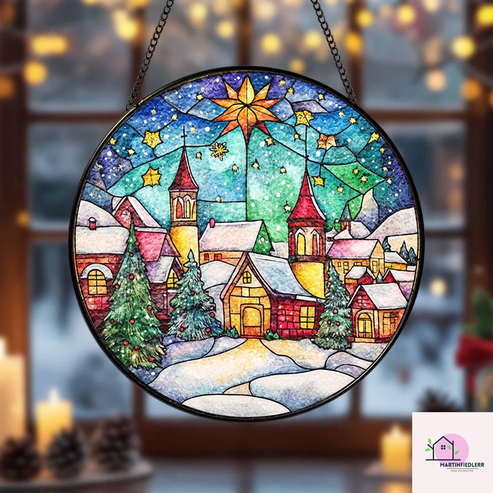 Christmas Village Stained Glass Suncatcher - Peaceful Winter Night Decor